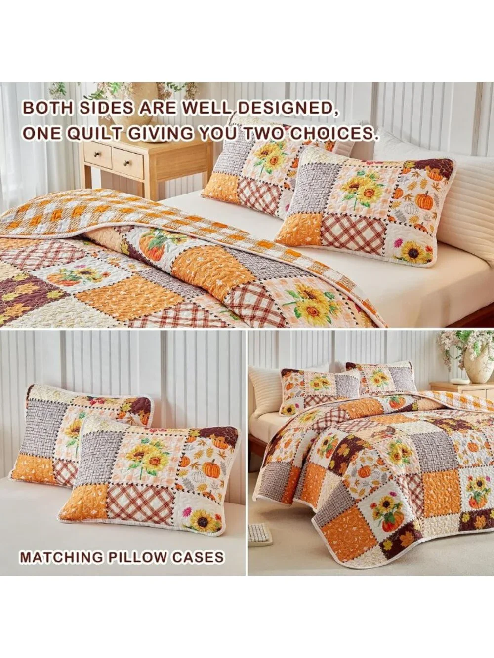 Autumn Harvest Patchwork Quilt Set - 2 Pieces Queen Size, Pumpkin Sunflower